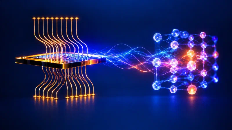 Quantum chip connected through light waves to a lattice of qubits