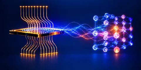 Quantum chip connected through light waves to a lattice of qubits