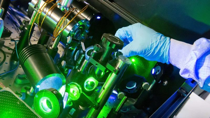 Laser optics on a laboratory bench