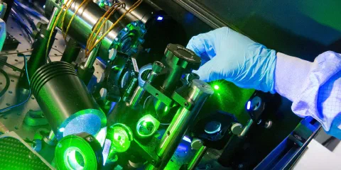 Laser optics on a laboratory bench